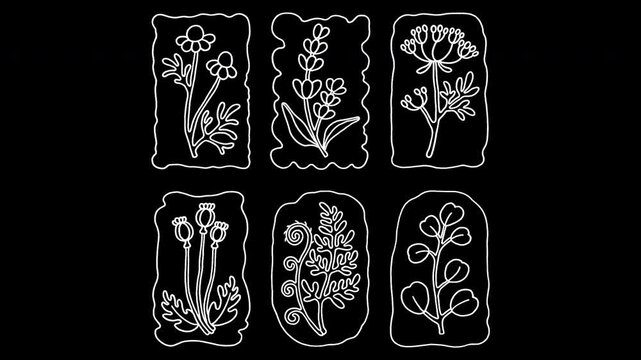 Alpha channel loopable 2D botanical pattern animation. Vintage frames, line art of lavender, chamomile, Queen Anne&rsquo;s lace, eucalyptus, poppy, fern. Chalk sketch, vibrating lines, wiggly doodle effect.