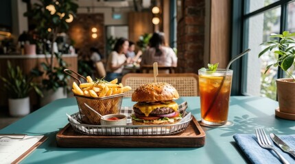 Fototapeta premium Delicious cheeseburger meal with fries and drink