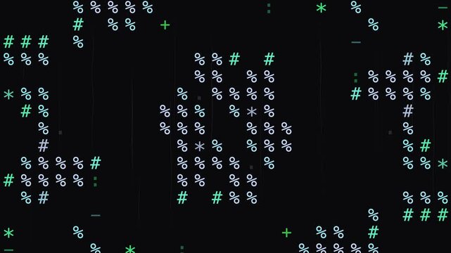 Digital Pattern Abstract: A dark background illuminated with a complex pattern of symbols like hash, percent, and asterisk, forming abstract shapes and textures.