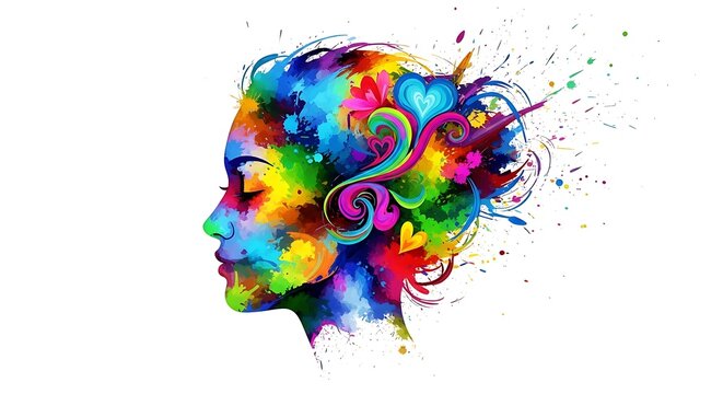 Colorful watercolor profile of a womans head representing creativity and mental health.