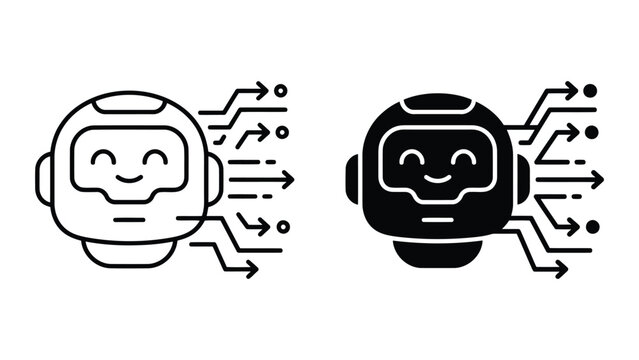 Artificial intelligence robot data flow line and glyph icon set with artificial