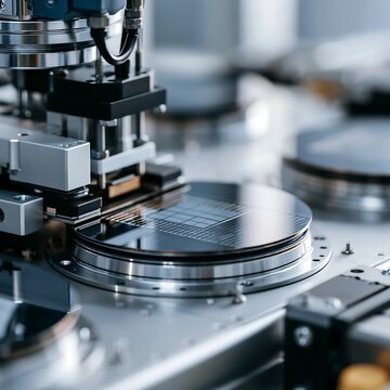 Automated semiconductor processing equipment operating on a silicon wafer inside a cleanroom. Precision chip fabrication, microelectronics manufacturing and advanced technology concept