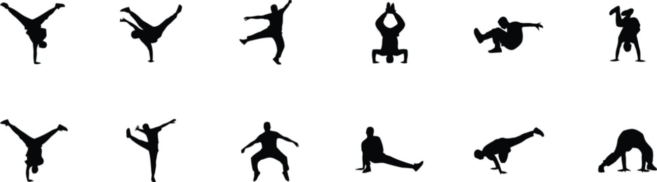 Silhouette of people performing various gymnastic and breakdancing moves