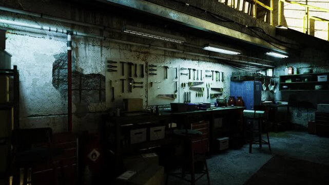 Dimly lit mechanics workshop with tools, fluorescent glow over oilstained concrete, metal shelves loaded with equipment, stools and shadowed corners creating