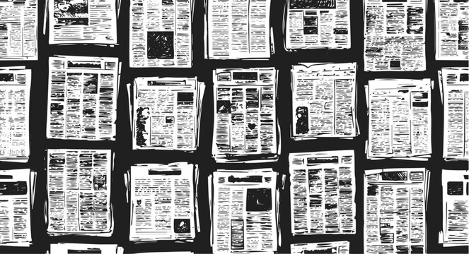 Abstract Newspaper Collage Grunge Background, Torn Paper Composition with Aged Ink and Retro Print Texture.