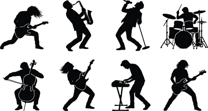 Set of musician silhouettes featuring rock band players singer guitarist drummer saxophonist and cellist icons