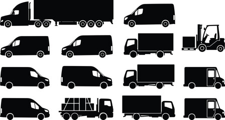 Delivery Truck and Van Silhouettes Set with Cargo Semi Truck and Forklift Icons Isolated on White Background © MdAbdur