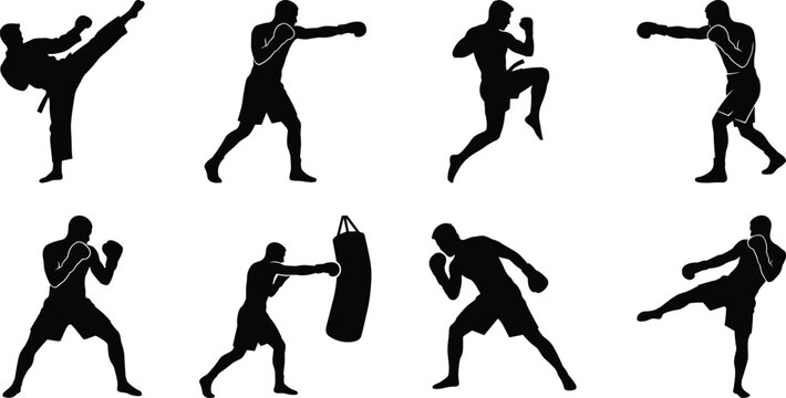 Martial Arts and Boxing Silhouettes Set with Fighter Poses Kickboxing and Punching Bag Icons
