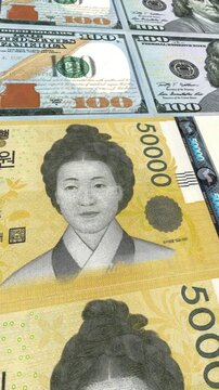 Vertical Dollar to South Korean Won 50000 Money Exchange Background Loop Animation Currency Finance