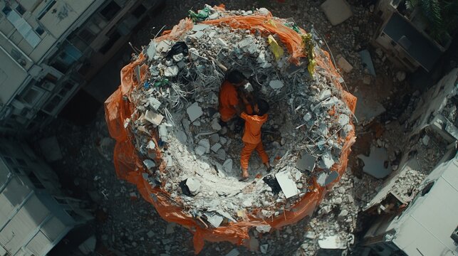 Aerial view of rescue workers in orange suits, deep within a massive debris hole.  Workers are actively engaged in a rescue operation amidst collapsed structures