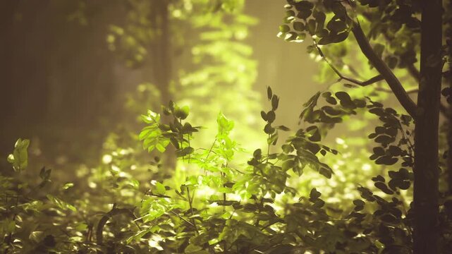 Closeup Belgian undergrowth with emerald foliage and backlit leaves revealing veins, tiny dewdrops and layered stems intimate botanical study vibe, fresh green