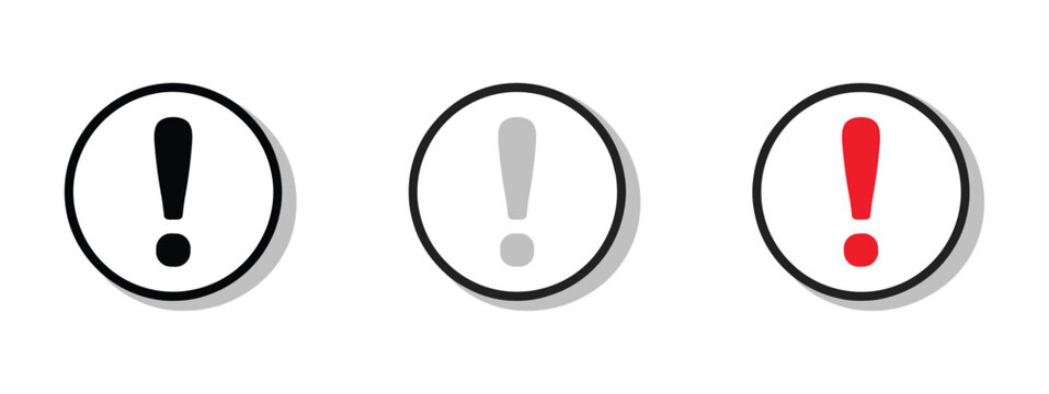 Exclamation Mark Warning Icons: Three circular warning icons, featuring exclamation marks in black, grey, and red, signifying alert and caution