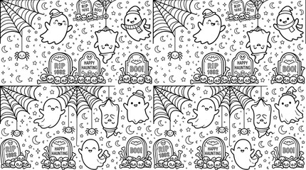 Obraz premium Seamless pattern with cute ghosts, tombstones, spider webs and skulls for halloween