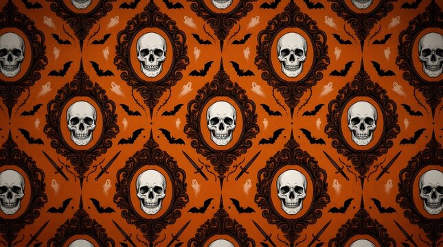 Gothic vintage wallpaper pattern with skulls in ornate frames and bats