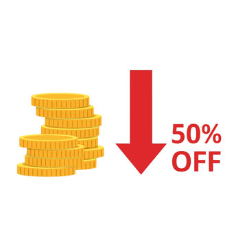 Financial savings concept: Gold coin stacks with a red downward arrow and '50% OFF' text, representing price reduction, discount, sale, and cost saving.