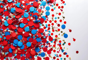 Fototapeta premium Colorful red and blue confetti scattered on white background