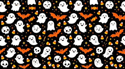 Fototapeta premium Seamless halloween pattern with cute ghosts, skulls, bats, and candy corn on a black background