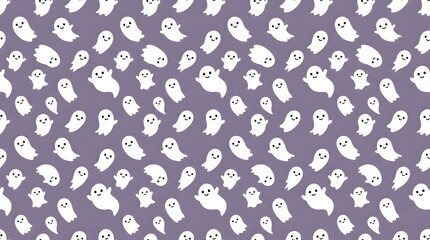 Naklejka premium A seamless pattern of cute little white ghosts on a purple background