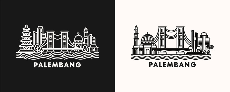 Palembang Indonesia cityscape illustration with line art skyline featuring riverfront buildings and landmarks in minimalist graphic style