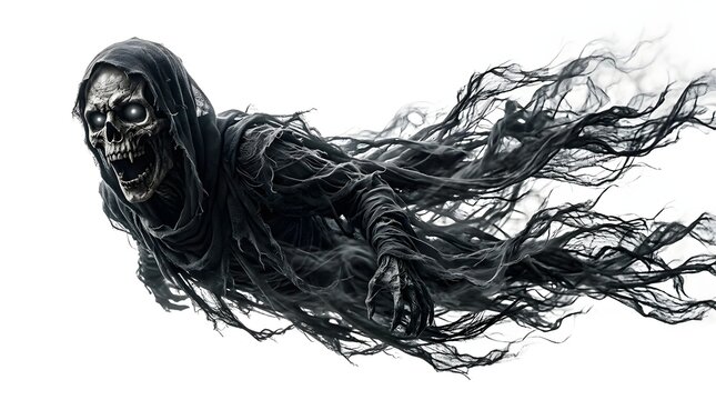 A terrifying grim reaper specter with glowing eyes and tattered robes isolated on white background