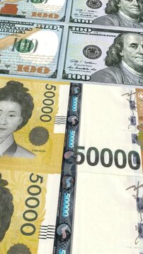 Vertical Dollar and South Korean Won 50000 Currency Exchange Loop Background Business Finance Motion