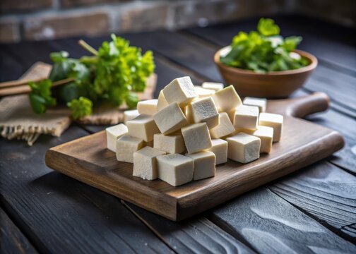 A rustic wooden cutting board proudly displays a harmonious pyramid of extrafirm tofu cubes, waiting to be devoured
