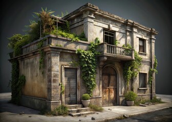 Obraz premium Forgotten Urban Facade with Weathered Concrete and Vines