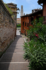 Fototapeta premium Escalier de la ruelle Castel san Pietro à Vérone avec le campanile du duomo au second plan