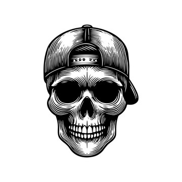 Detailed black and white illustration of a human skull wearing a backwards baseball cap.