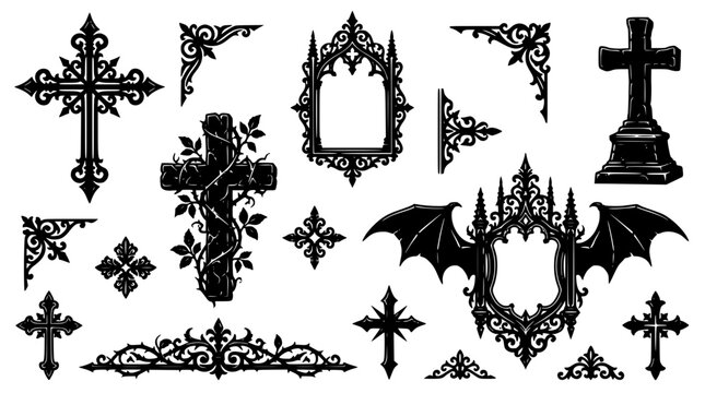 Gothic Ornaments Vector Collection with Crosses and Ornate Frames on White Background