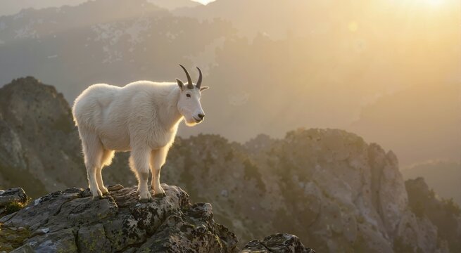 Majestic white mountain goat standing on a rocky peak at sunrise. Wild animal in an alpine landscape illuminated by warm golden light. Year of the goat
