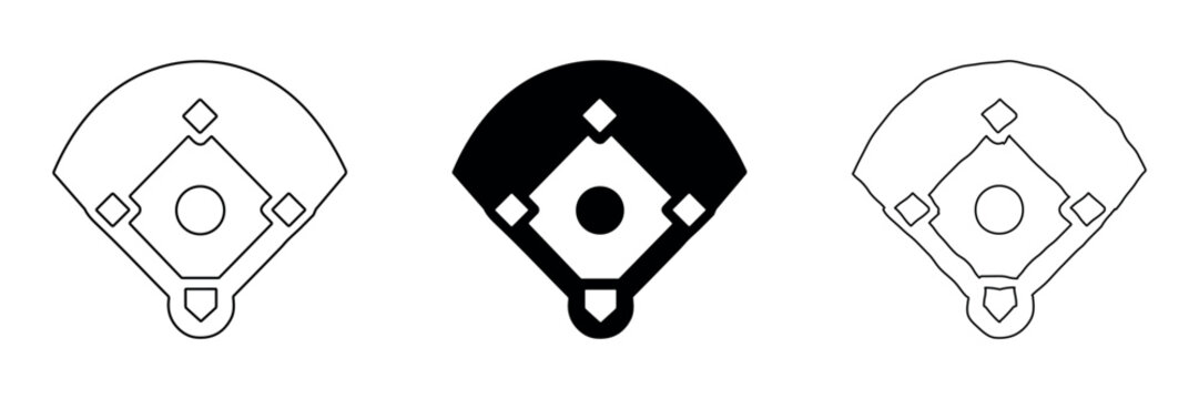 Baseball field icons in outline, solid, and hand-drawn styles for sports graphics