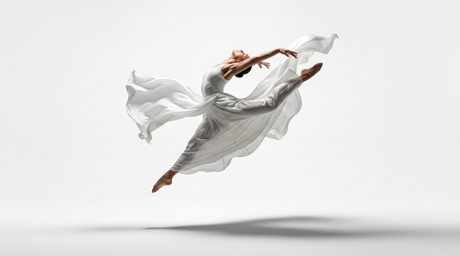 Graceful ballerina jumping in mid-air with flowing white fabric against a white background