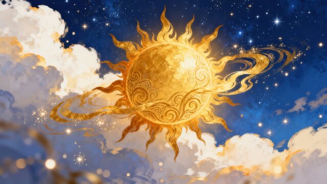 Golden sun in starry sky