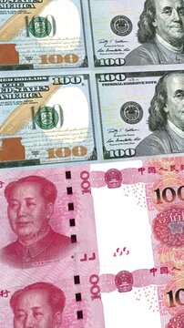 Vertical Dollar to Chinese Yuan 100 Currency Exchange Money Loop Background Finance Animation