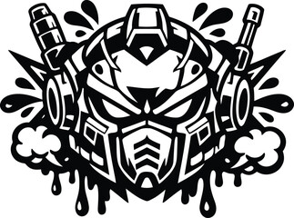 Fototapeta premium A striking black and white vector illustration of a futuristic robotic cyborg warrior helmet featuring dynamic ink splatter effects and mechanical details