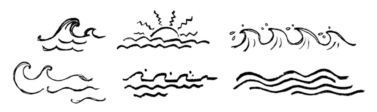 Sea wave crayon icon. Hand drawn water flow