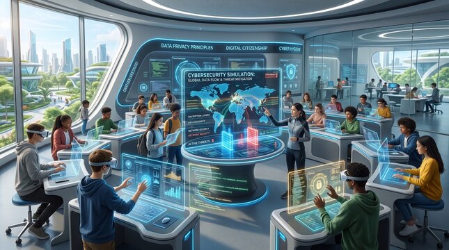 Future classroom with students learning data privacy, futuristic education concept with glowing digital holograms and cybersecurity shields