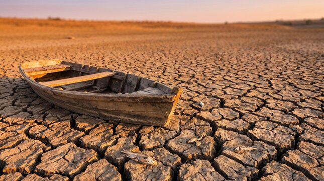 Cracked riverbed with dead fish and an abandoned boat illustrating drought and environmental decline