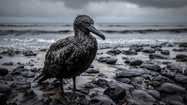 Oil covered seabird standing on a polluted shoreline after an environmental oil spill disaster