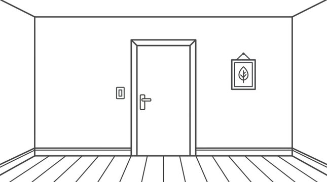 Room interior line art featuring a closed central door with framed wall art and wooden floorboards in simple outline.