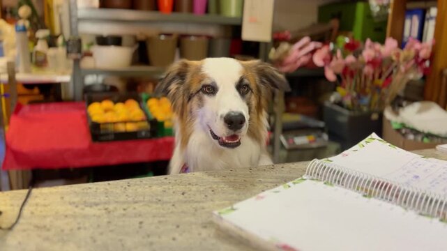 Cute tricolor dog sitting behind a counter in a local fruit and flower shop, looks at the camera with a funny and warm expression, cozy small business marketplace scene with oranges in the background