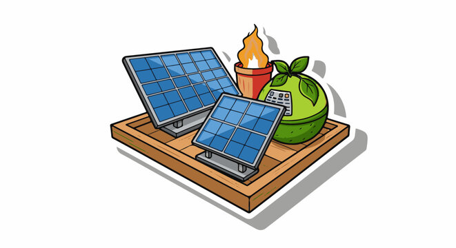 Renewable energy concept with solar panels fire and a green tech orb