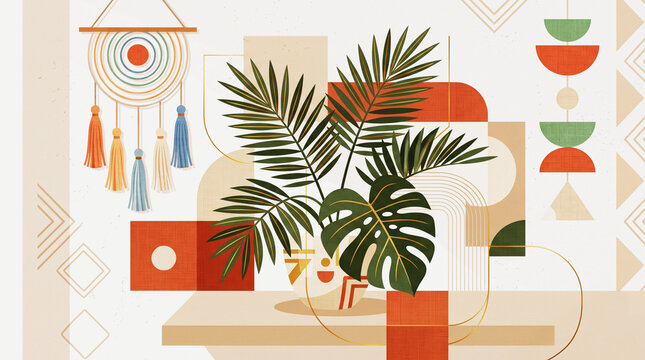 Modern abstract tropical botanical illustration with palm leaves, bohemian macrame decor, and geometric shapes in warm earthy tones.