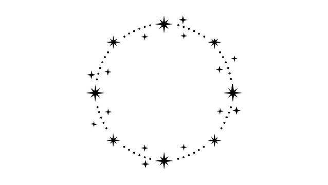 Dotted sparkle star wreath vector icon illustration in black, minimalist circular badge frame for magical awards, ribbon seals, celebration labels, winner marks, and elegant graphic resources