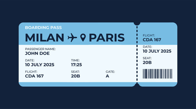 Airline Boarding Pass Ticket Template from Milan to Paris