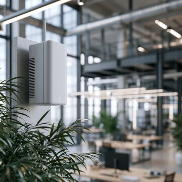 Private 5G small cell antenna installed in a modern office building. Enterprise wireless connectivity, smart campus infrastructure and industrial digital transformation