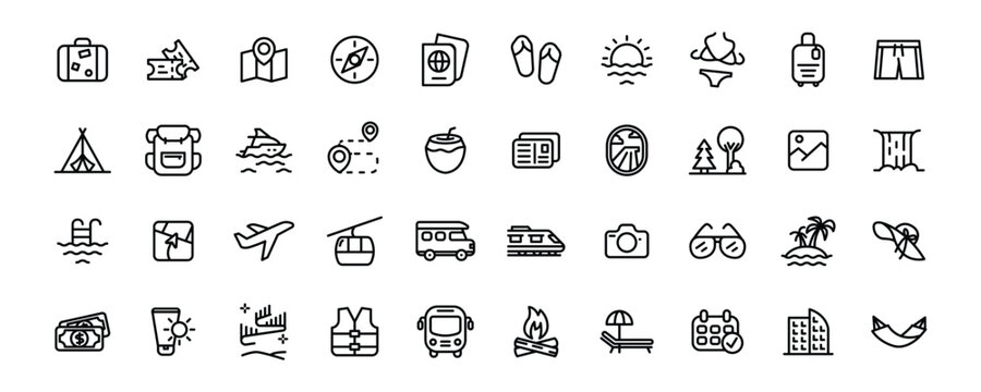 Outline travel and summer vacation vector icon set. 