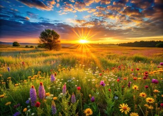 Obraz premium A golden sunrise awakens a lush summer pasture, as vibrant wildflowers stretch towards the morning light
