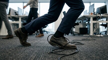 Obraz premium Person stepping on cables in a busy office environment with computers